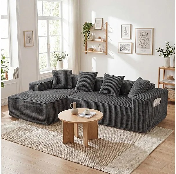 Modułowa Narożna Sofa Lewa - w Welurze Żebrowanym Szarym - 3-osobowa - z 4 Poduszkami i leżanką - 261x156x80cm