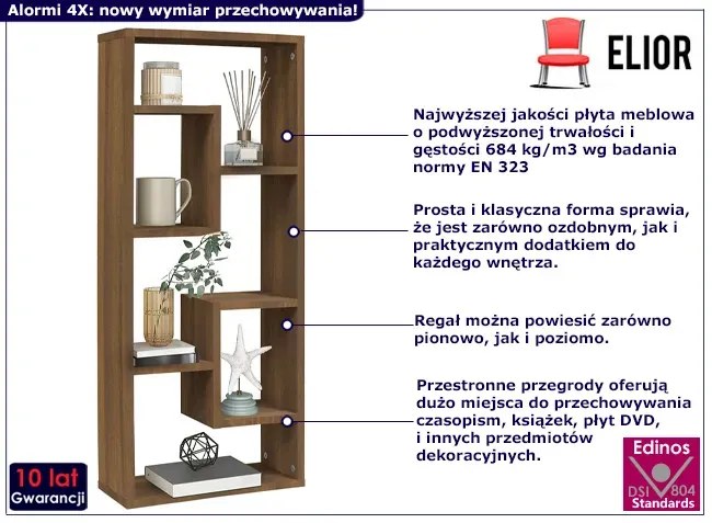 Wiszący lub stojący regał z otwartymi półkami brązowy dąb - Alormi 4X