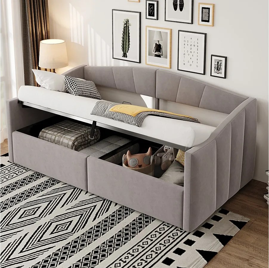 Sofa tapicerowana z funkcją spania - 90 x 200 cm - z hydraulicznym schowkiem + stelażem i podłokietnikami - welur - szara