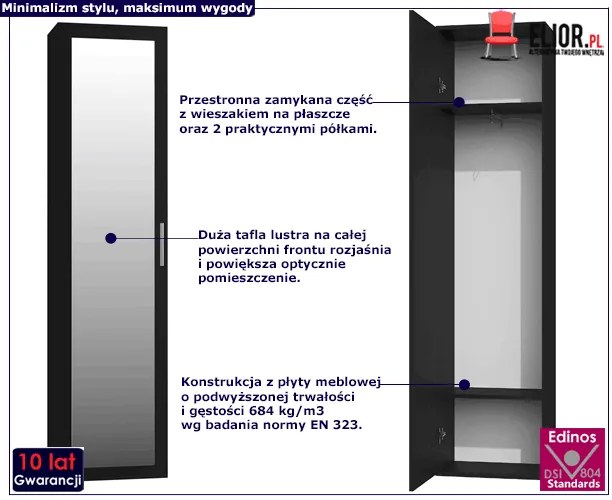 Szafa jednodrzwiowa z lustrem do przedpokoju Balex - czarna