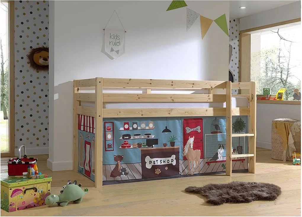 Podwyższone Łóżko Dziecięce 90x200 cm "Pino Pet Shop" z Sosny Naturalnej z Stelażem i Namiotem w Stylu Skandynawskim