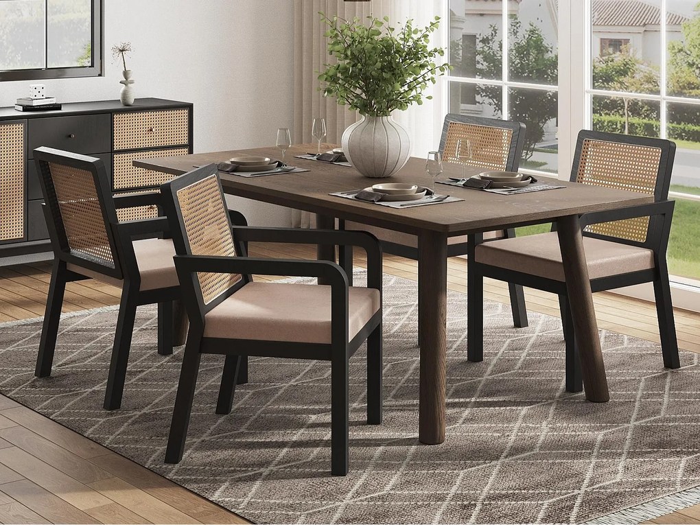 Zestaw 4 krzeseł do jadalni - siedzisko z poduszki welurowej - z oparciem z rattanu i nogami z drewna hevea - Czarny