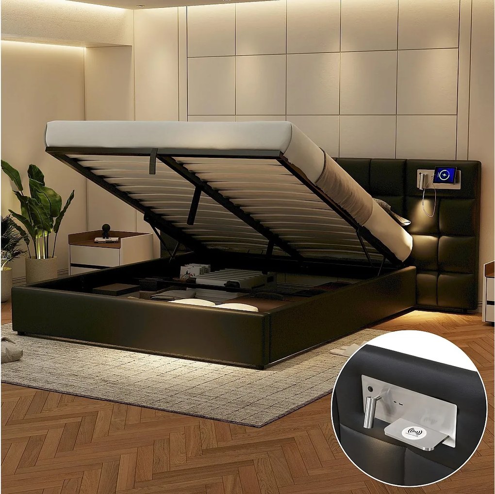 Łóżko ze schowkiem 180 x 200 cm i dużym zagłówkiem - Port USB i ładowanie bezprzewodowe oraz lampa świetlna - Tkanina lniana - Czarny (bez materaca)