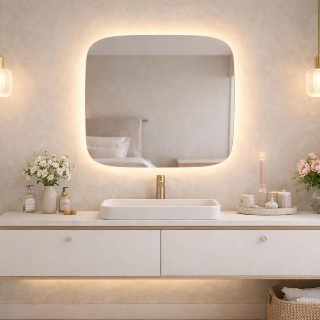 Lustro kwadratowe oszlifowane z podświetleniem ROUND Silk LED | Różne rozmiary | Różne kolory : Kolor tafli szkła - Brąz, Rozmiar - 90 x 90 cm