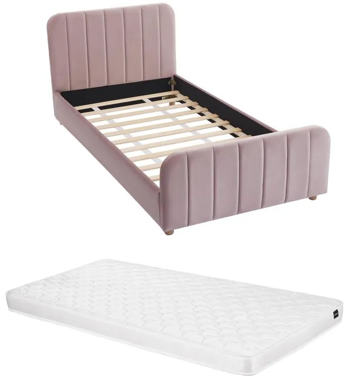 Łóżko 90 x 190 cm - Welur z pionowymi przeszyciami - Różowy + Materac - ROGADI