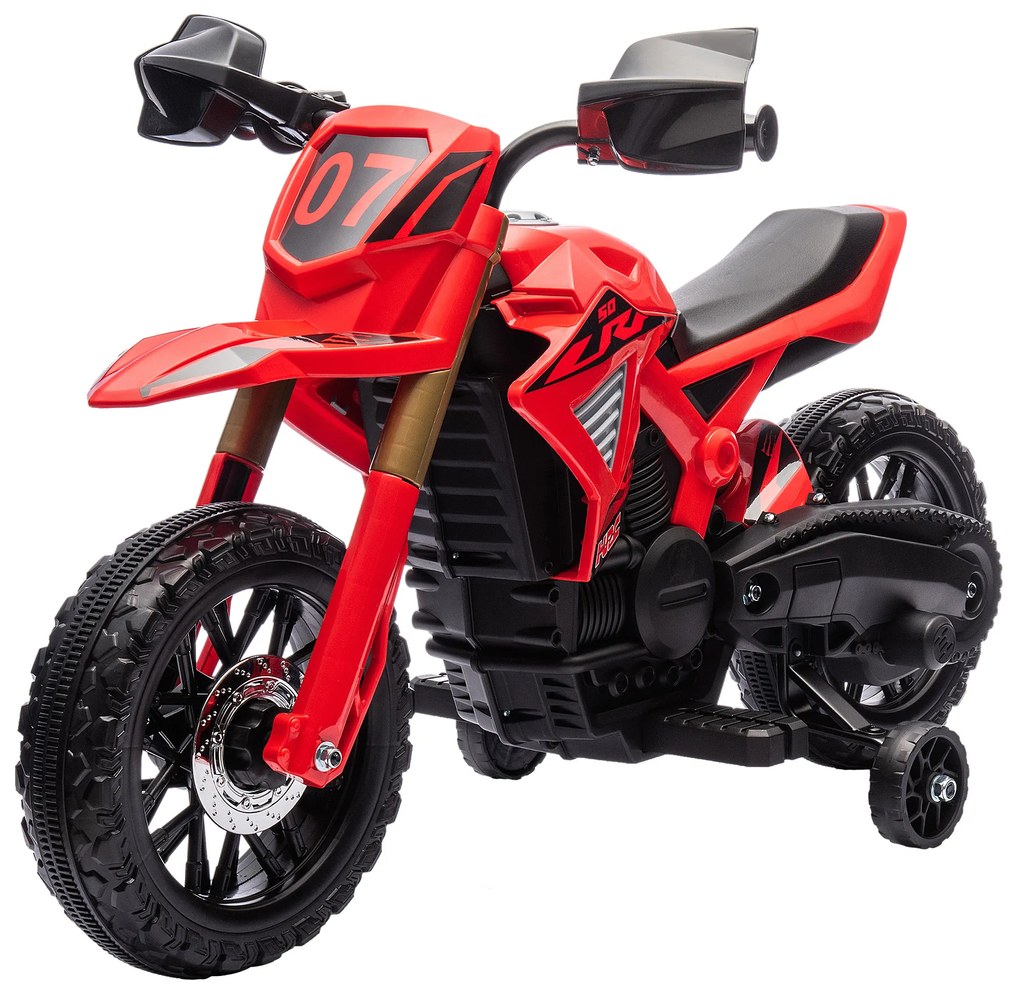 AIYAPLAY Motocykl Elektryczny dla Dzieci, Napęd 6V, Kółka Boczne, Klakson, Dźwięk Startu, 3-8 Lat, Czerwony