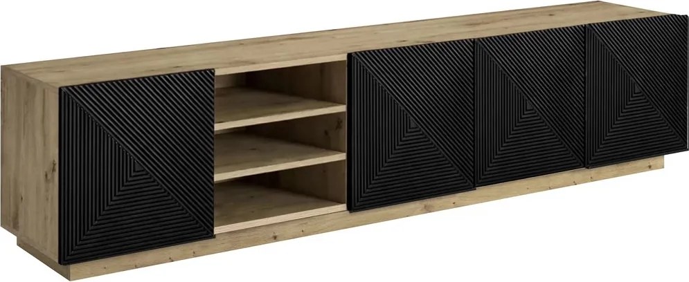 Szafka RTV Asha 200 cm z ryflowanym frontem i wnęką - artisan / czarny mat