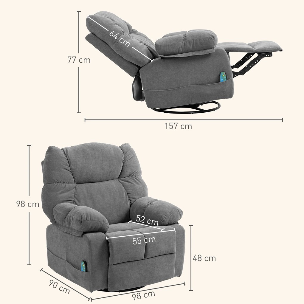 HOMCOM Fotel Relax z funkcją masażu, Regulowany obrotowy fotel masujący, 4 kieszenie boczne i pilot, Ciemnoszary
