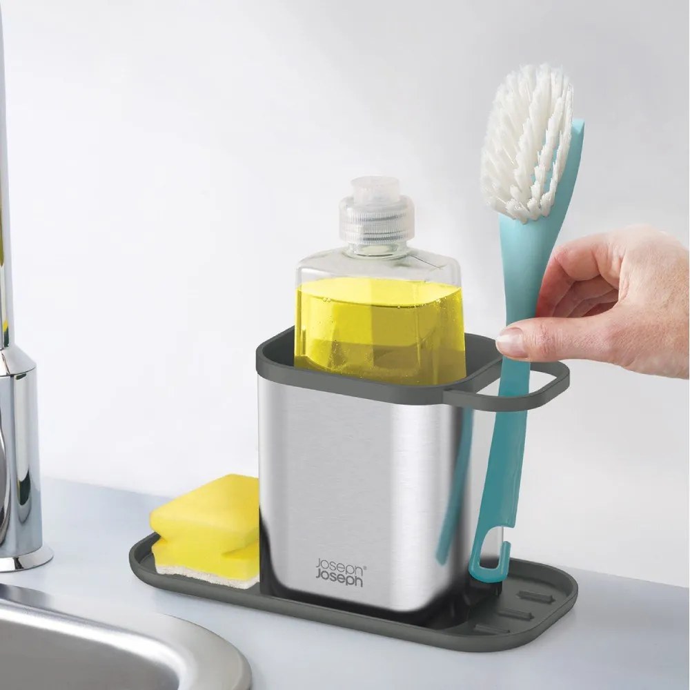 Metalowy stojak na akcesoria do mycia naczyń w kolorze srebra z połyskiem Duo Steel – Joseph Joseph