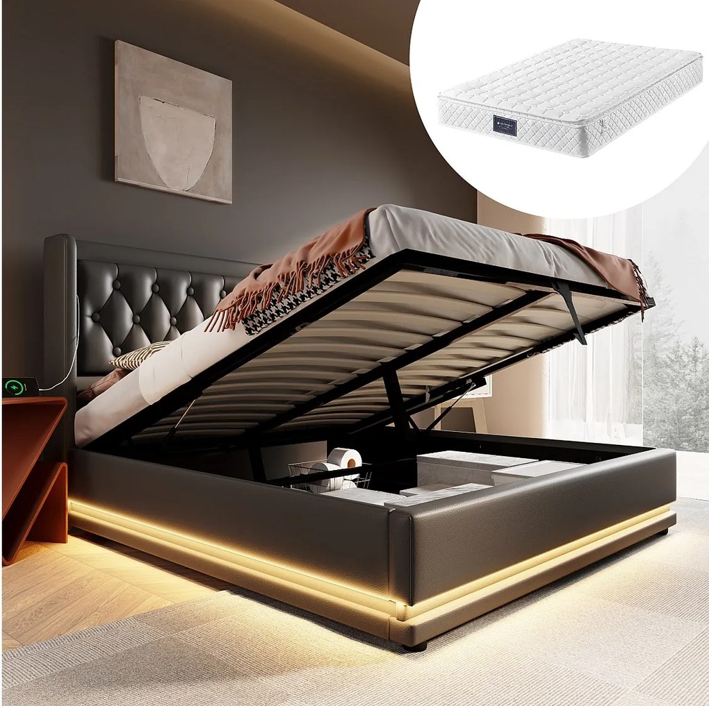 Łóżko tapicerowane podwójne ze schowkiem - 140 x 200 cm - Materac + Leds + Zagłówek z USB - Skóra PU - Czarny