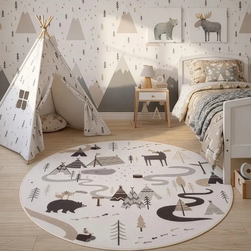 Dywan dziecięcy Coco Tipi Leśna Przygoda kremowy koło 200 cm x 200 cm