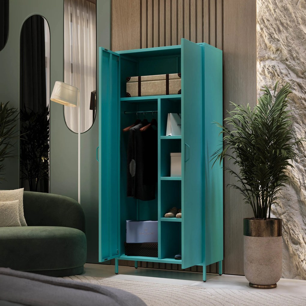 Szafa na ubrania metalowa morska / turkusowa: Modern FLAVIO, 800 x 1850 x 450 mm