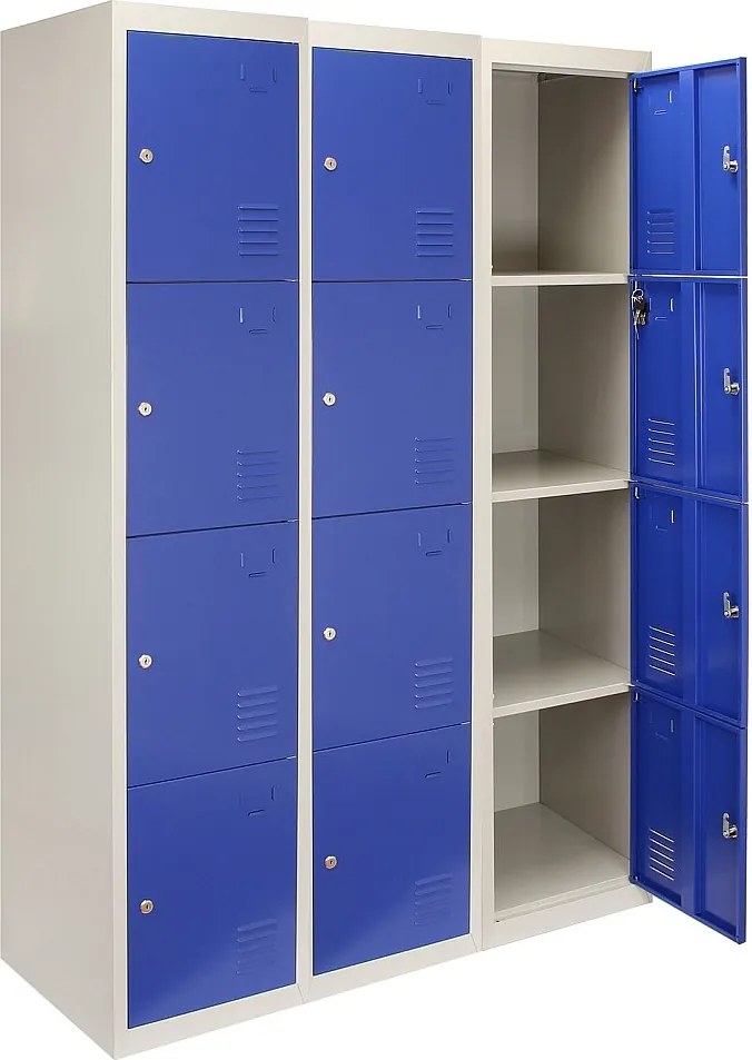 3 x metalowe szafki magazynowe – cztery drzwi, niebieskie – w płaskim opakowaniu