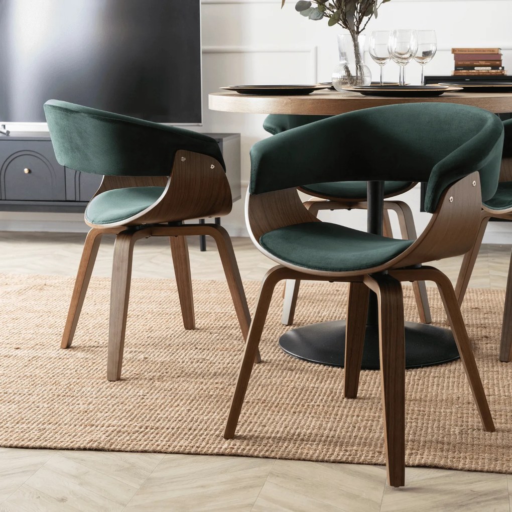 Krzesło Tapicerowane Z Drewna Giętego Do Jadalni GARY Zielone/Orzech Welurowe Nowoczesne Loft