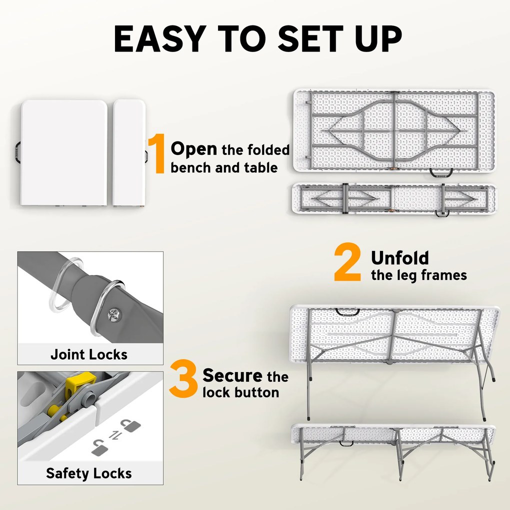 Outsunny Zestaw piknikowy 3 w 1, stół, 2 ławki, składany stół campingowy z uchwytami, z plastiku i metalu, biały