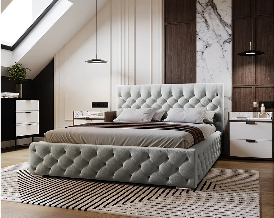 Emporius Elira łóżko tapicerowane 200x200 z pojemnikiem - tkanina velvet, glamour, pikowanie chesterfield - łóżko 200x200 jasny szary (Magic Velvet 2218)