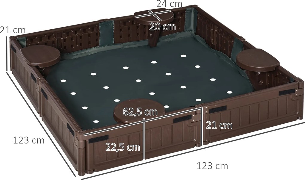Outsunny Piaskownica z siedzeniami dla 4 osób, z podkładką i pokrowcem, dla dzieci w wieku od 3 do 12 lat, HDPE, 123 x 123 x 21 cm, brązowa