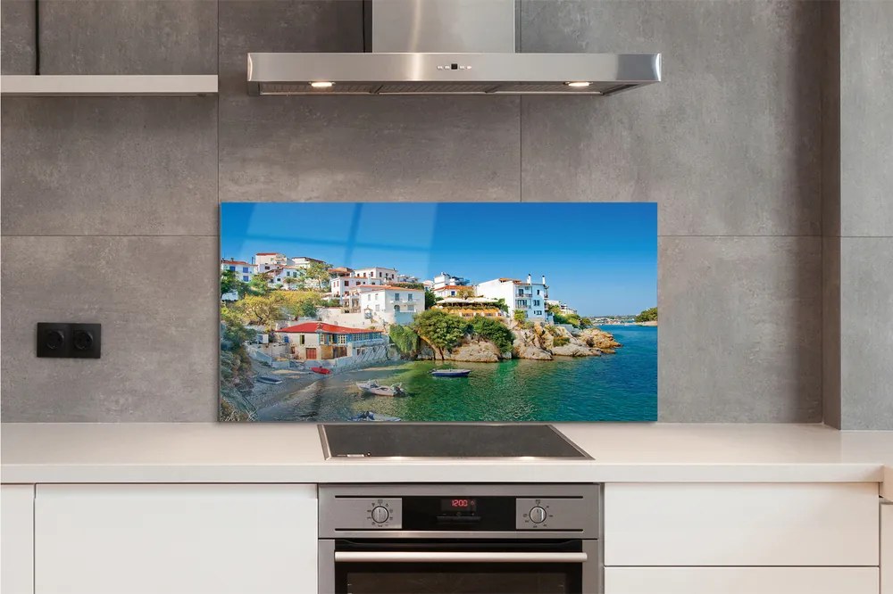 Szkło do Kuchni na Ścianę Tradycyjna Grecka Architektura nad Wodą