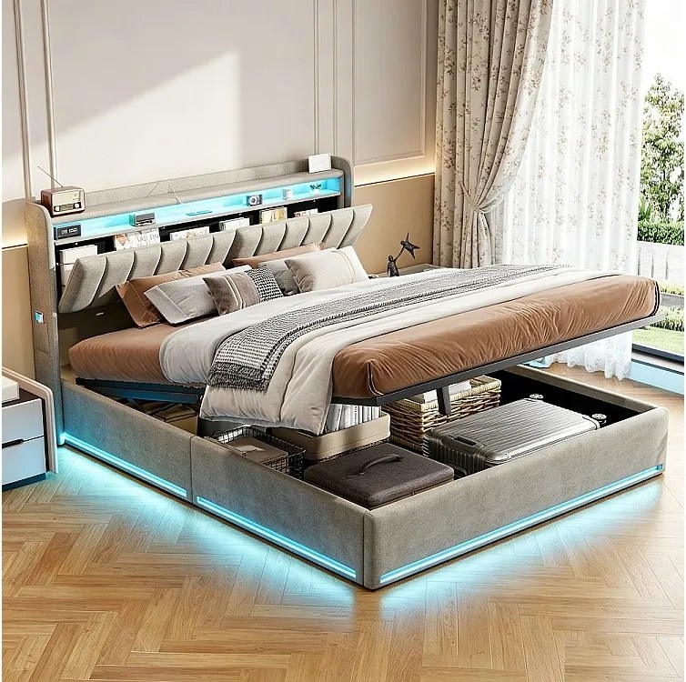 Nowoczesne Szare Łóżko z Pojemnikiem 140x200 z Podnoszonym Materacem, LED RGB, Portami USB - Idealne do Małych Przestrzeni