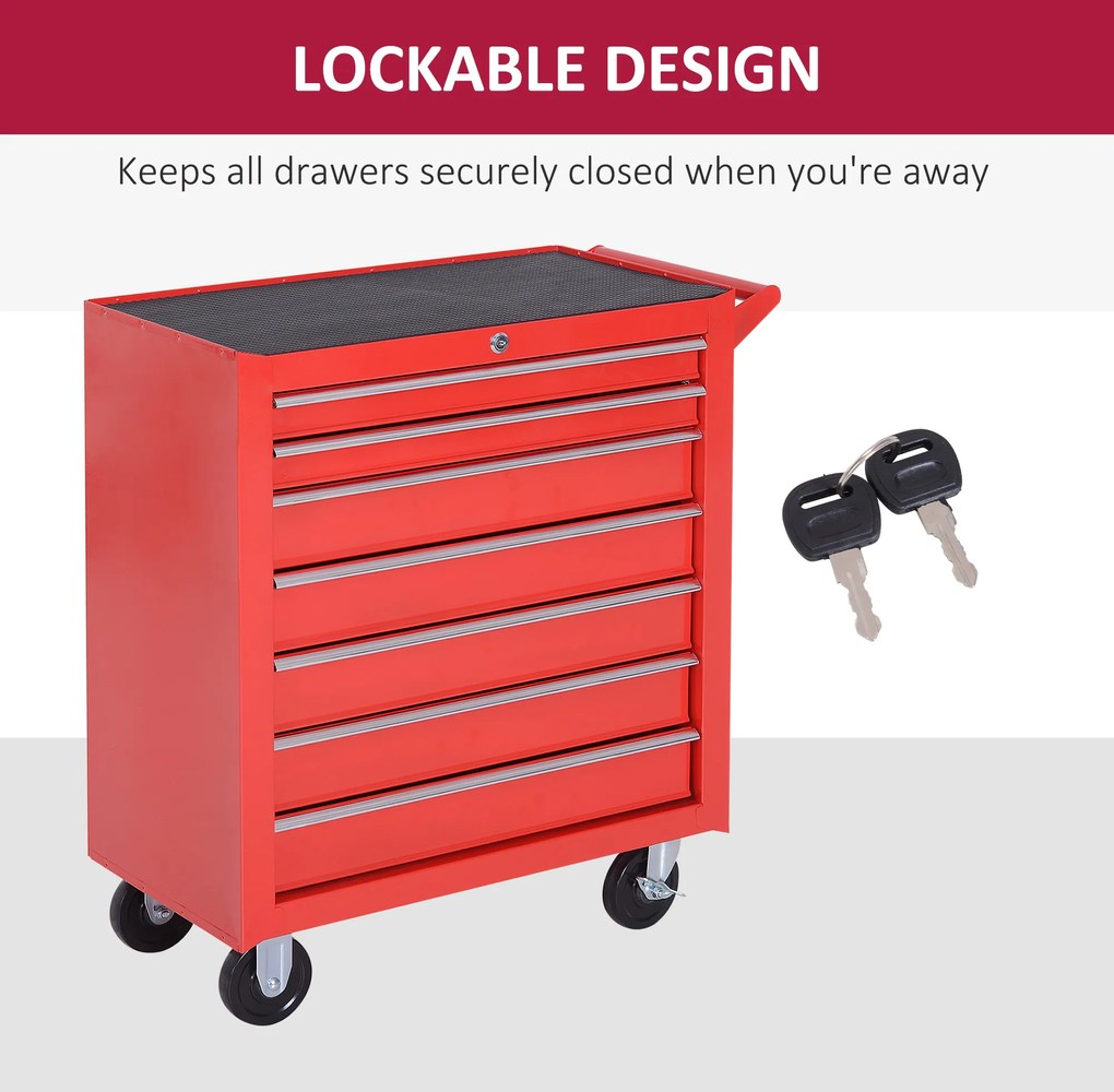 DURHAND Wózek Narzędziowy, 2 Małe & 5 Dużych Szuflad, Stal, Do 150 kg, 69 x 33 x 75 cm, Czerwony