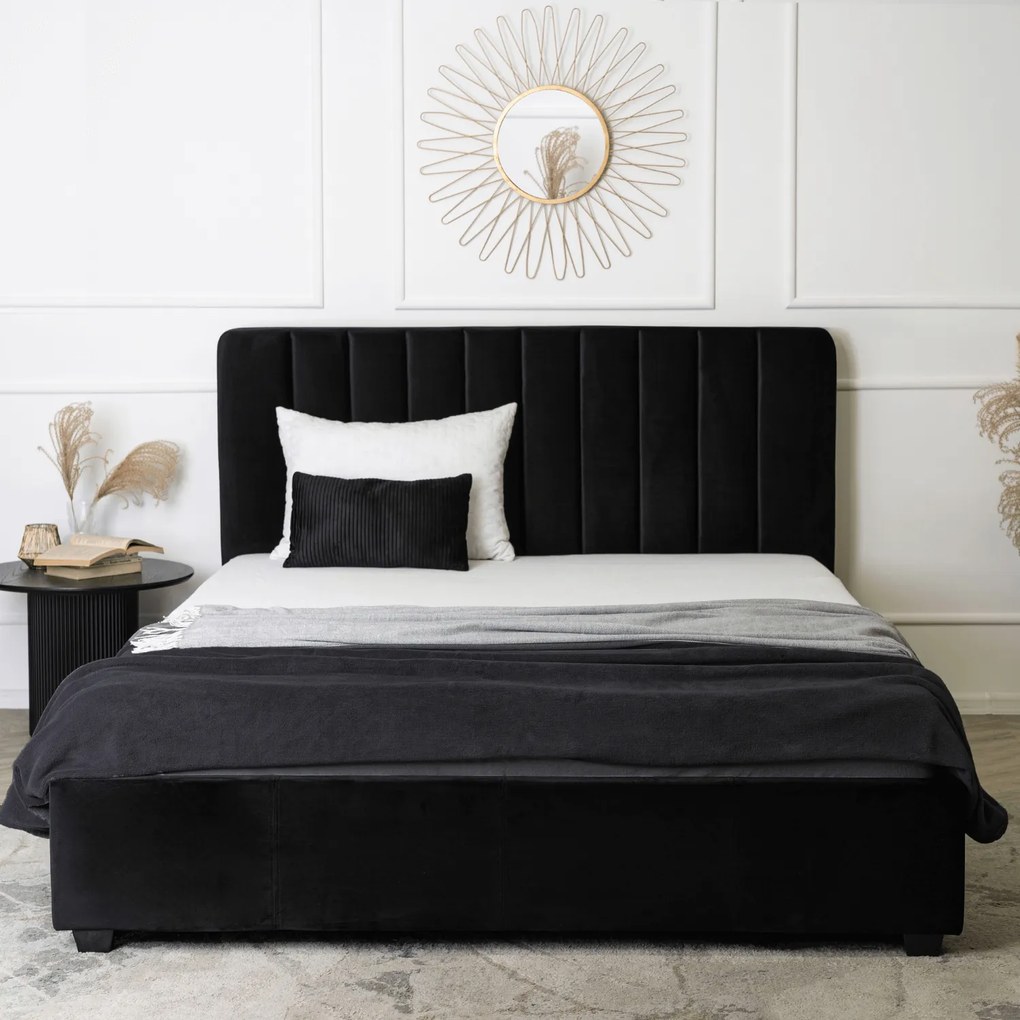 Łóżko Tapicerowane 160x200 cm ze Stelażem i Pojemnikiem Dwuosobowe MARI Welurowe Czarne