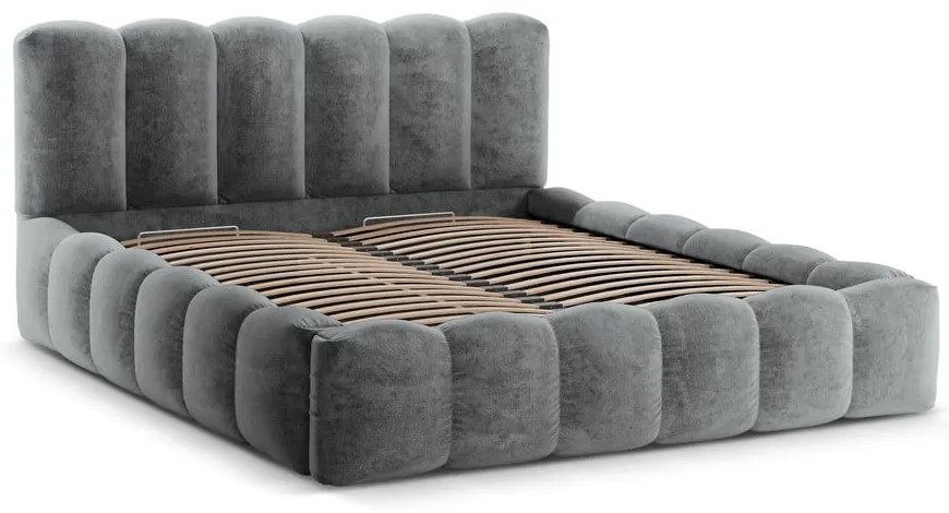Szare tapicerowane łóżko dwuosobowe ze schowkiem i stelażem 200x200 cm Lupine – Micadoni Home