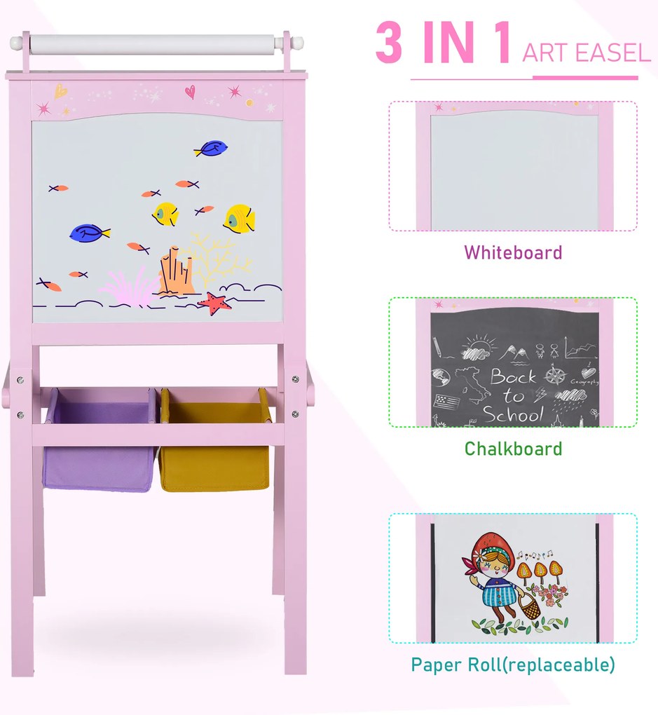 Tablica dziecięca HOMCOM tablica do rysowania dla dzieci konstrukcja 3 w 1 tablica do zabawy 2 zdejmowane kosze magnetyczne dla dzieci powyżej 3 lat MDF włóknina kolor różowy 58,5 x 50,5 x 118 cm