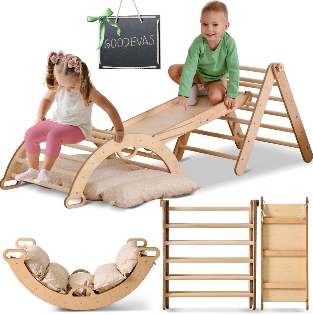 Zestaw wspinaczkowy 4w1 Montessori: drabinka dwustronna + łuk wspinaczkowy + zjeżdżalnia + poduszka