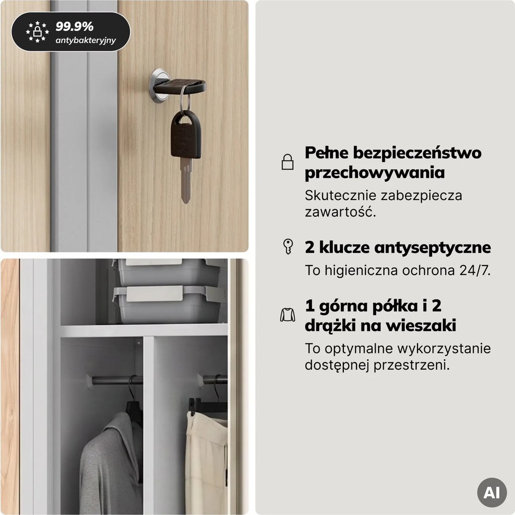 Szafa socjalna czterokomorowa Eco Design Kacper 80x50x180 cm, szary/dąb sonoma