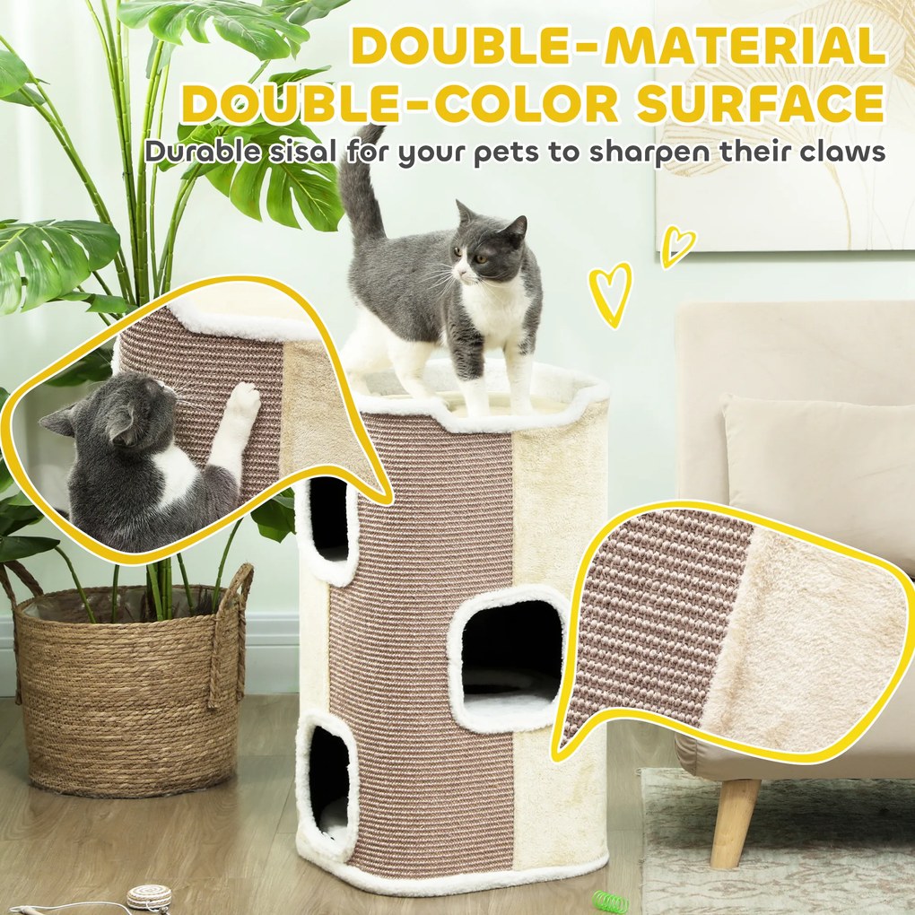 PawHut Beżowa Beczka Do Drapania Dla Kota, 3 Poziomy, Robusta, Miękki Plusz, Kryjówka, Beżowy