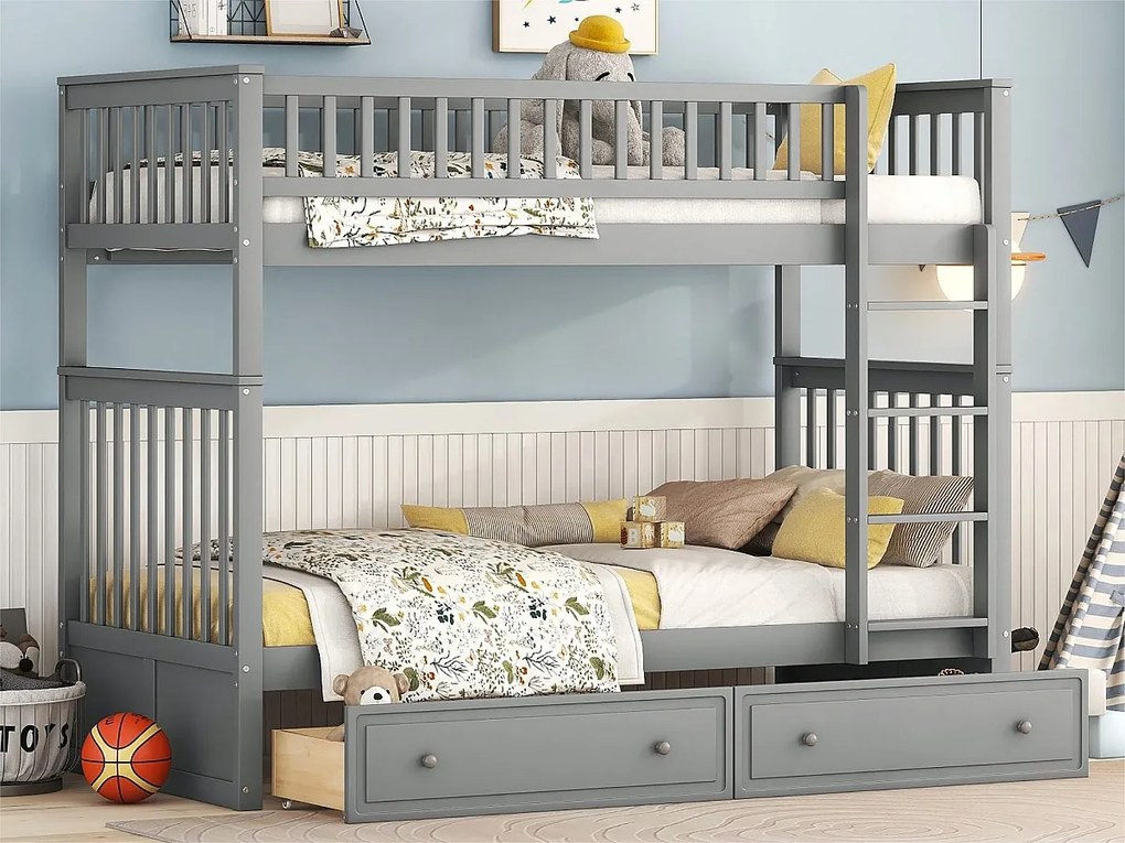 Łóżko piętrowe drewniane z szufladami i drabinką - 90x200cm - Szare