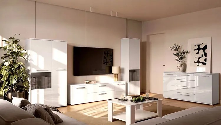 Biała duża komoda z witryną 150 cm H6-W75