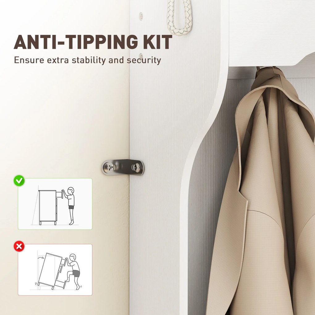 HOMCOM Wieszak z półką, ławką, hakami, schowkami na buty, płyta wiórowa, MDF, Biały