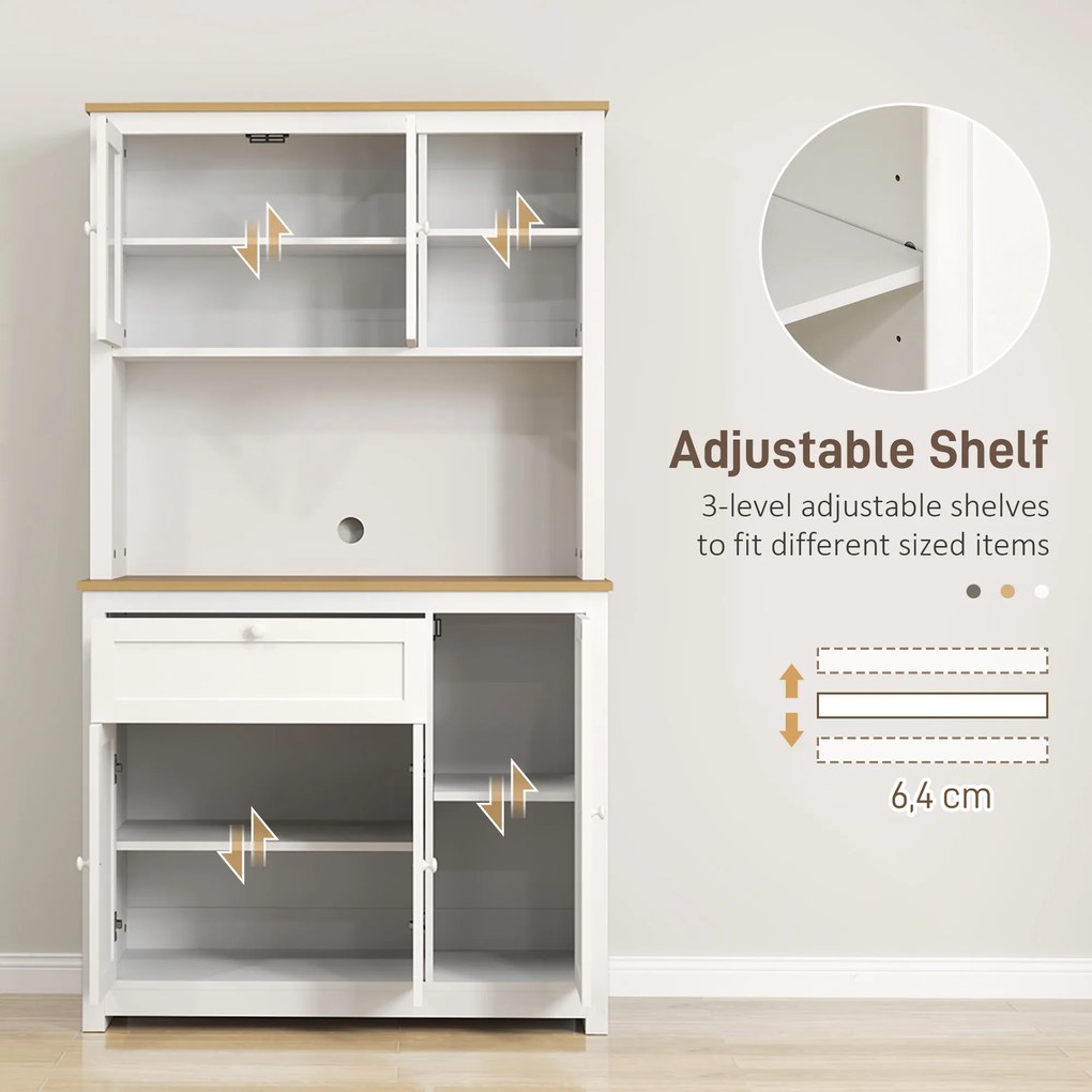 HOMCOM Szafka kuchenna w stylu wiejskim, 1 witryna, 1 otwarta półka, 1 szuflada, 2 szafki, Naturalne + Białe | Aosom PL