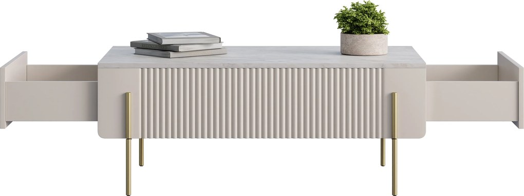 Stolik kawowy Malmi 100 cm z szufladami - kaszmir / crema bianca / złote nóżki