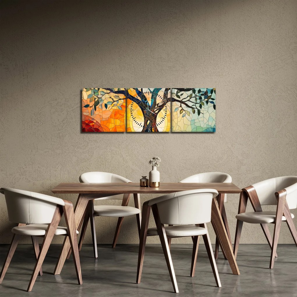 Obraz – Mozaika – słońce i drzewo I. (z zegarem) (90x30 cm)
