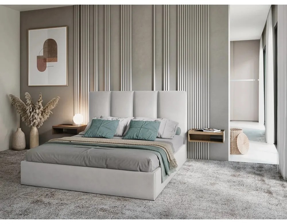 Jasnoszare tapicerowane łóżko dwuosobowe ze schowkiem ze stelażem 160x200 cm Juniper – Mazzini Beds