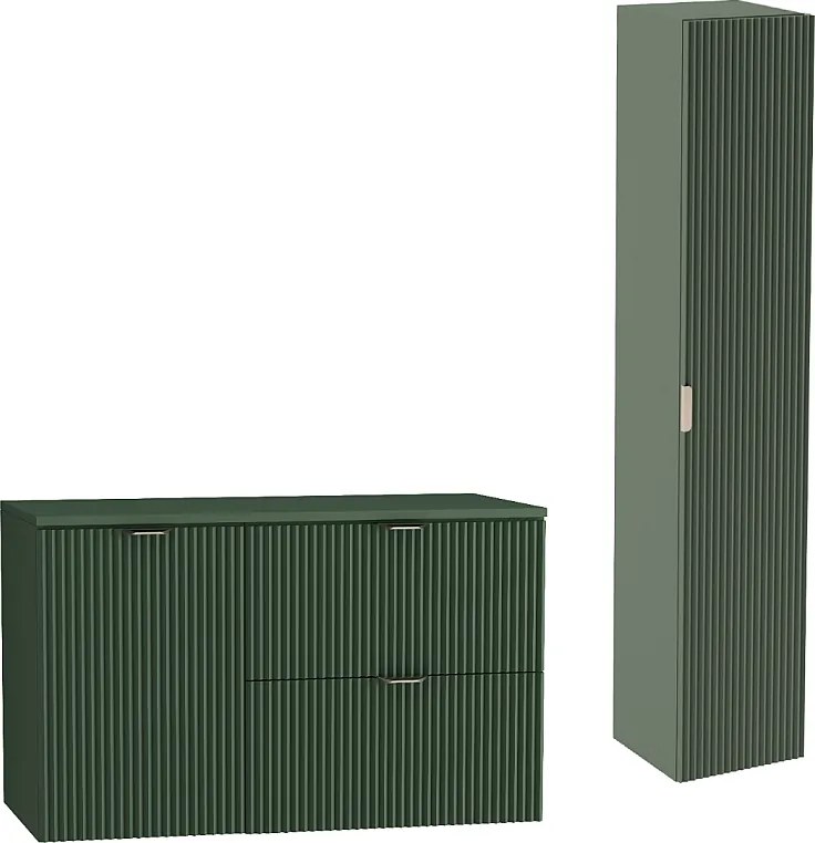 Zielony Zestaw do Łazienki 100cm Szafka Blat Szafka z Koszem Słupek Ryflowane Fronty