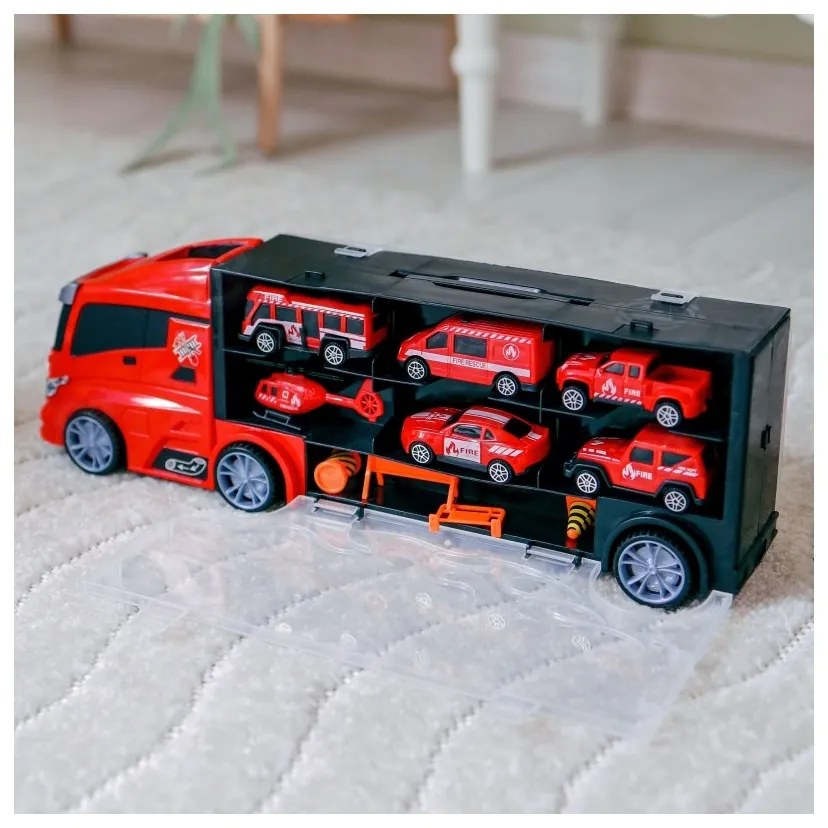 Woopie zestaw ciężarówka transporter 3w1 czerwony 11 el.