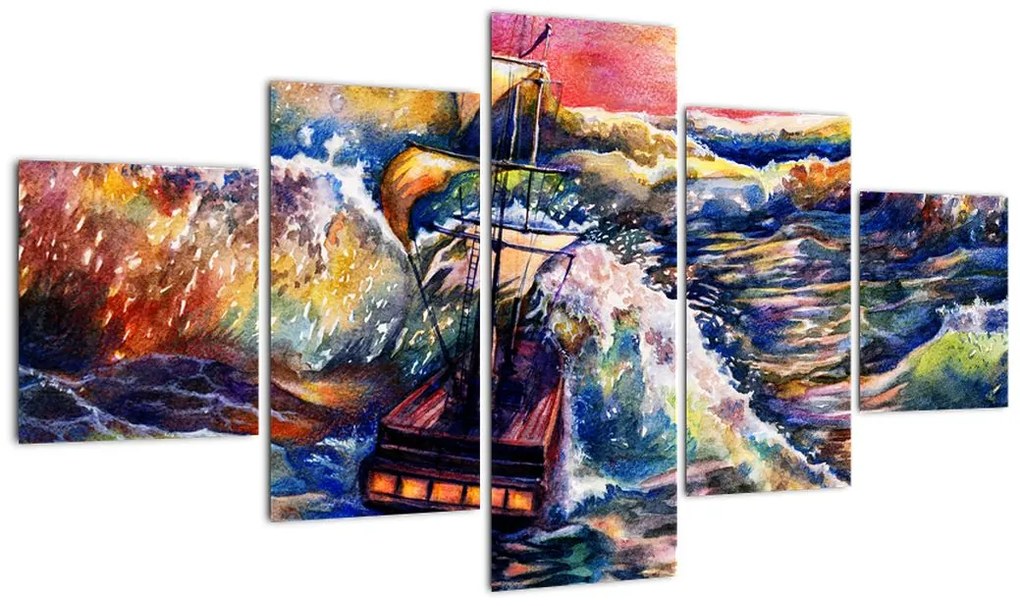 Obraz - Statek na falach oceanu, akwarela (125x70 cm)
