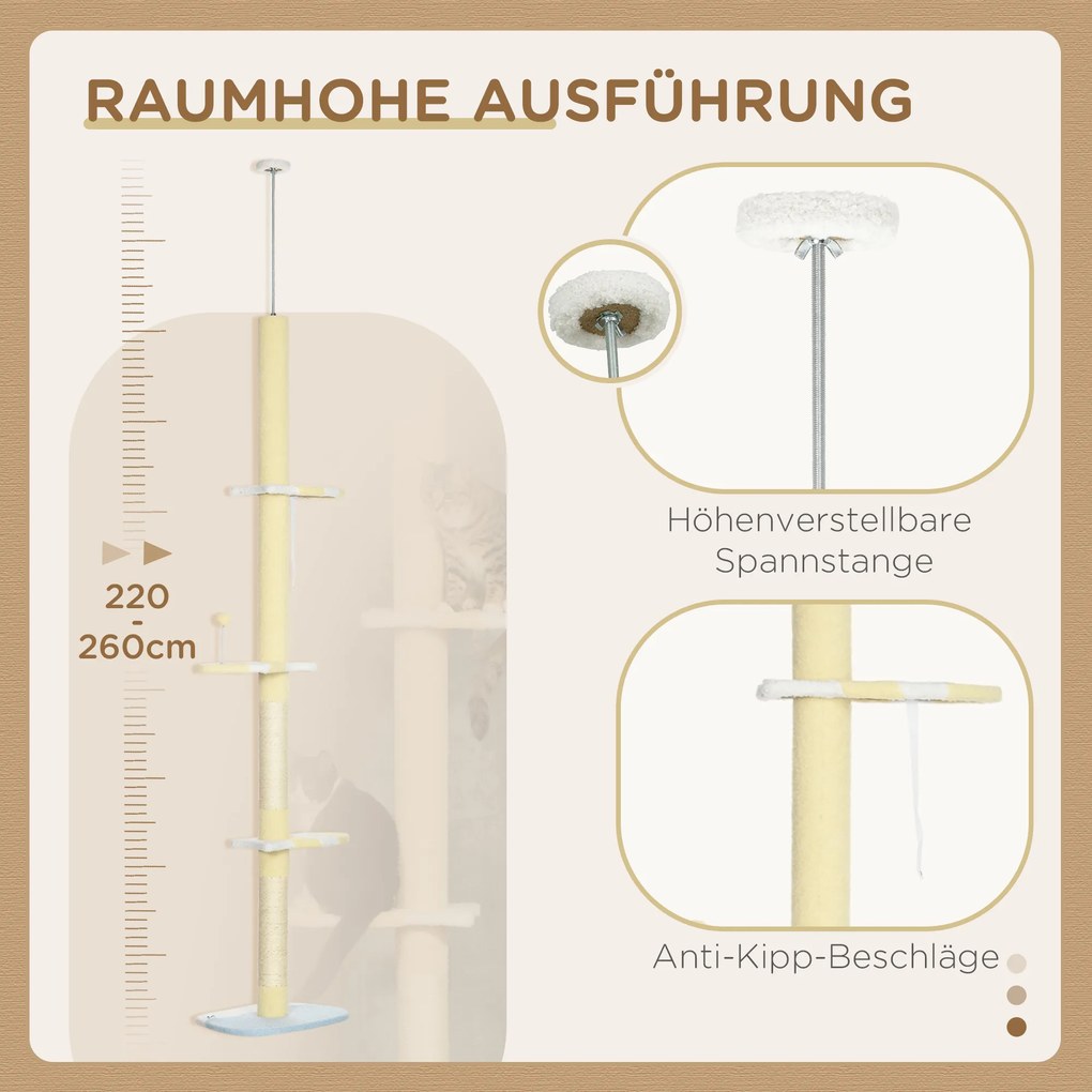 PawHut Regulowany drapak z antypoślizgiem, słupkami z sizalu, 220-260W x 47D x 34S cm, Żółty/Biały/Niebieski