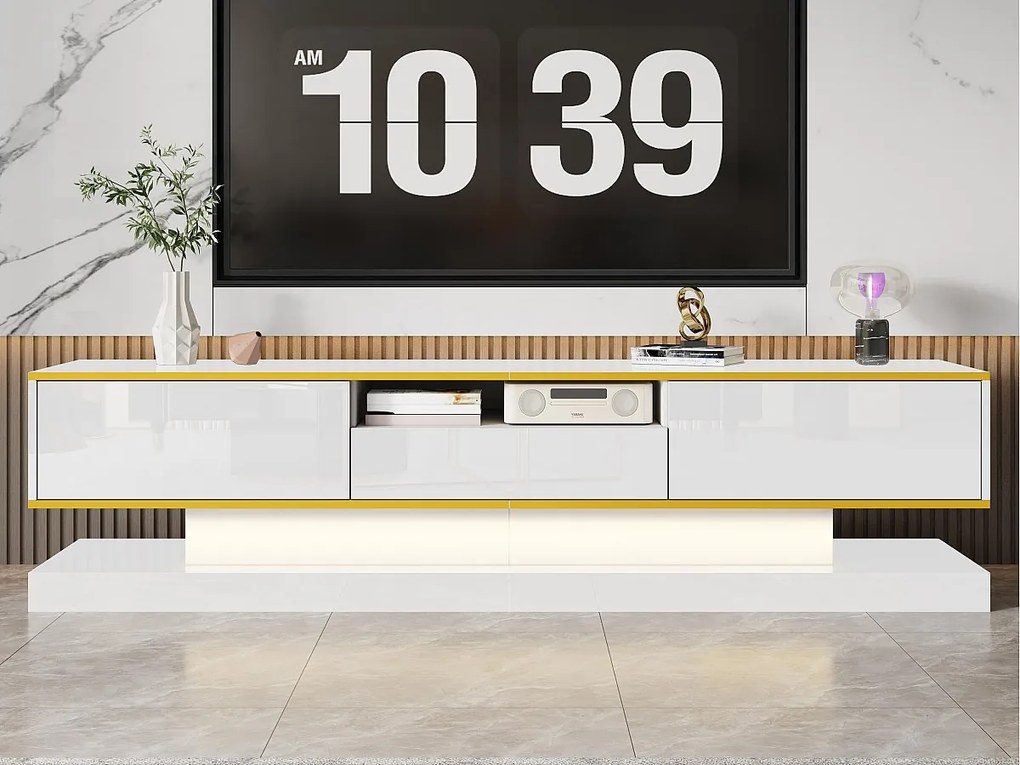 Nowoczesna szafka pod TV 180×38×45 cm - z trzema szufladami - z otwartą komorą - z oświetleniem LED - biała
