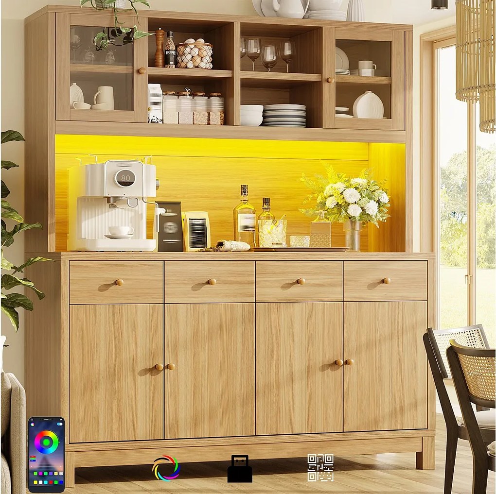 Bufet Kuchenny Wysoki 140cm - Szafa z Oświetleniem LED RGB, Drzwiami Szklanymi, 4 Szufladami, Zoptymalizowanym Przechowywaniem, MDF - Wygląd Naturalnego Drewna