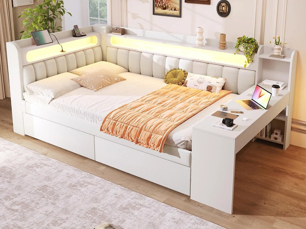 Rozkładana sofa 140x200 cm - z portami USB i LED - z biurkiem i 2 szufladami - biała (bez materaca)