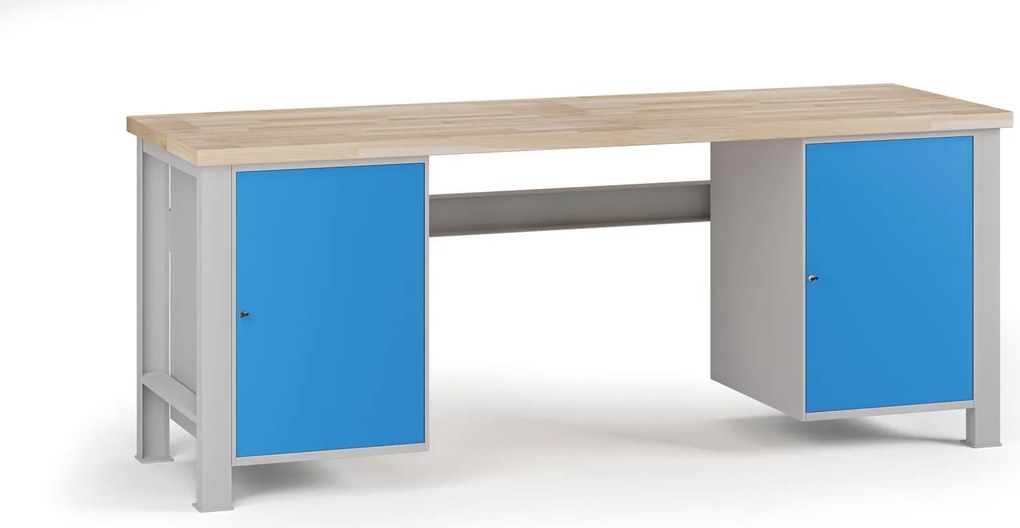 Stół warsztatowy G7, blat bukowy, 2100 x 685 x 840 mm, 2x szafka, niebieski