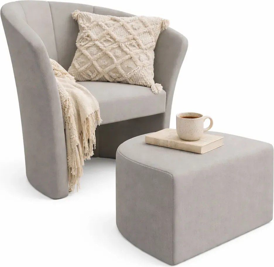 Szary tapicerowany nowoczesny fotel z podnóżkiem H1-C11