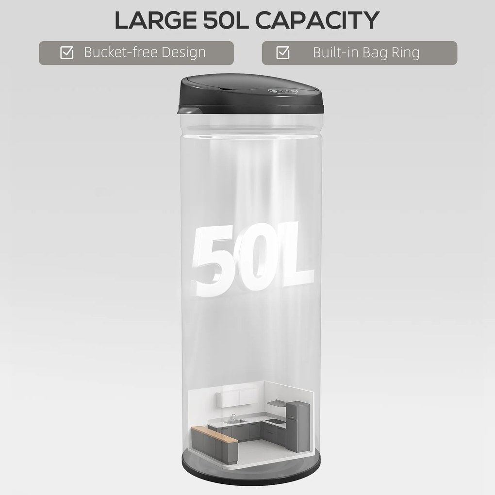 HOMCOM Kosz na śmieci 50 litrów z funkcją Soft-Close, bezdotykowy kosz ze stali nierdzewnej do higienicznych kuchni, biur, srebrny