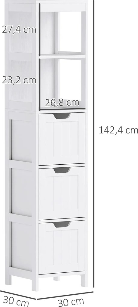 HOMCOM Szafka Łazienkowa, 2 Półki, 3 Szuflady, Materiał Odporny na Wodę, Biała