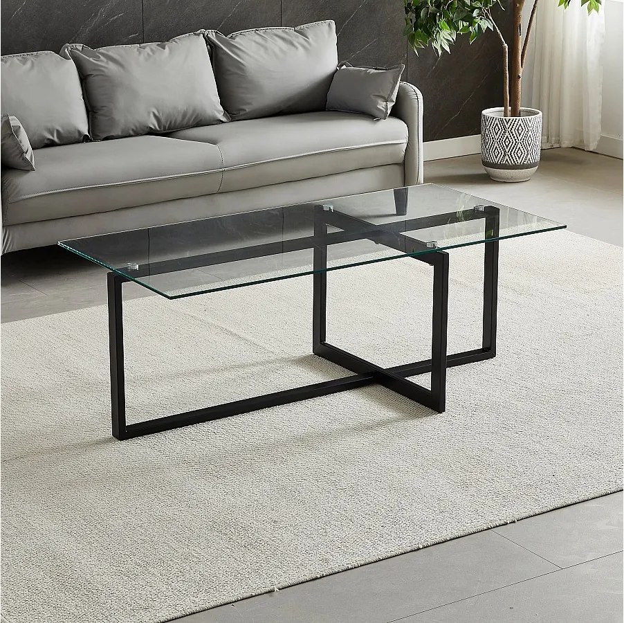 Prostokątny stolik kawowy – Hartowane szkło przezroczyste – Czarny metal – CHIARA