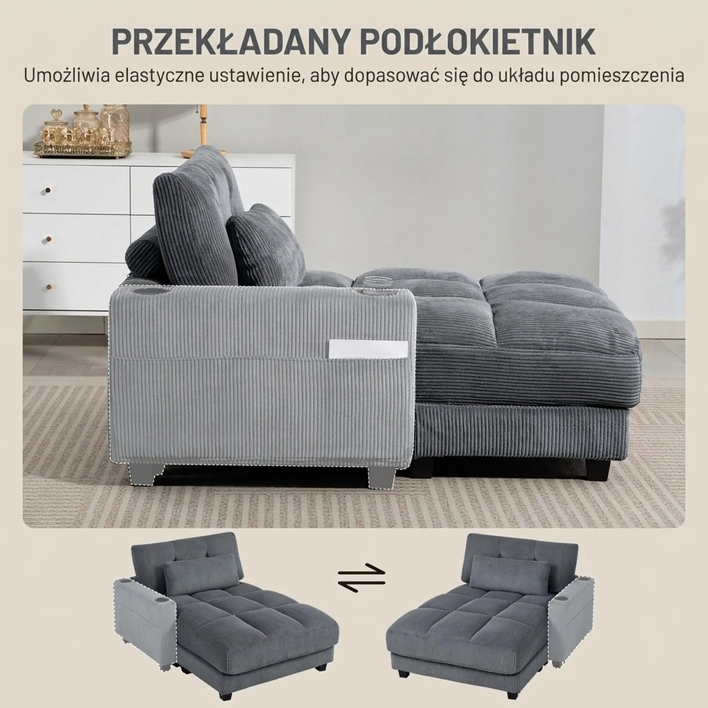 HOMCOM Sofa-łóżko z poduszką, piankowe, rozkładane, uchwyt na kubek, szary